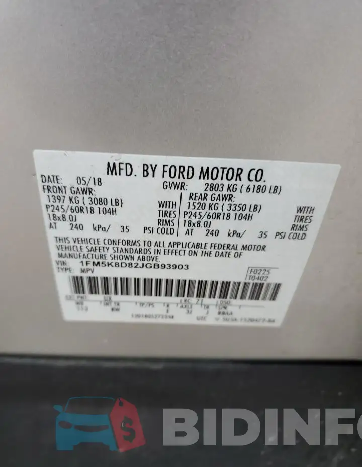 1FM5K8D82JGB93903 Photo# 14