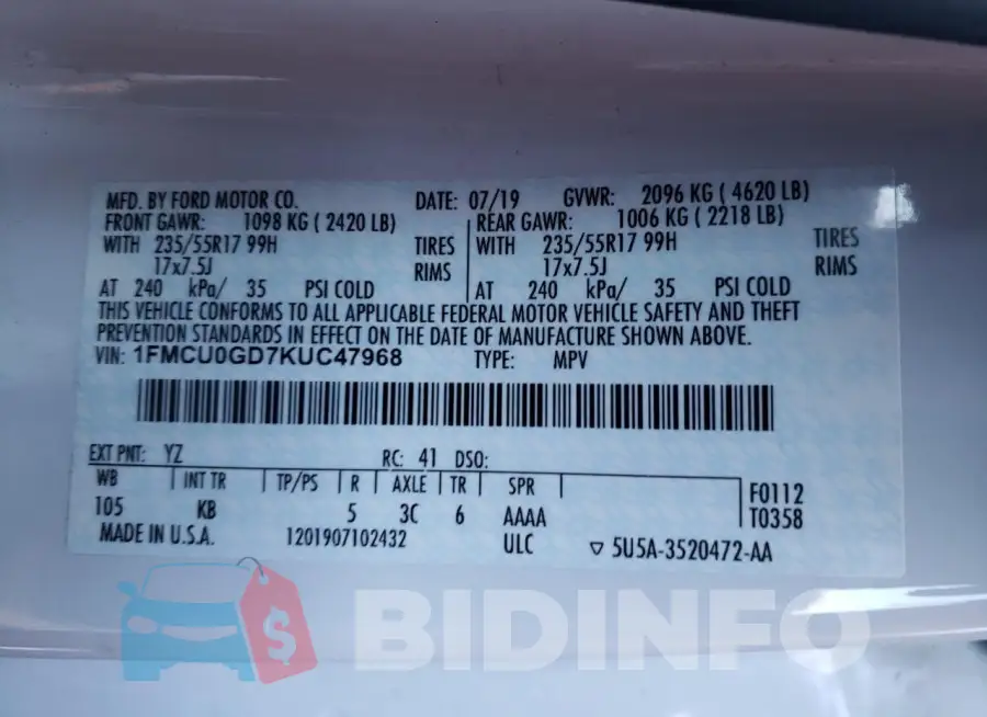 1FMCU0GD7KUC47968 Photo# 13