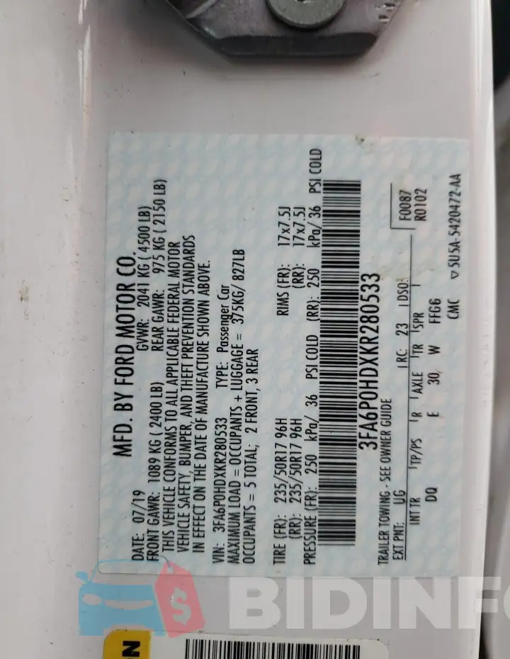 3FA6P0HDXKR280533 Photo# 12