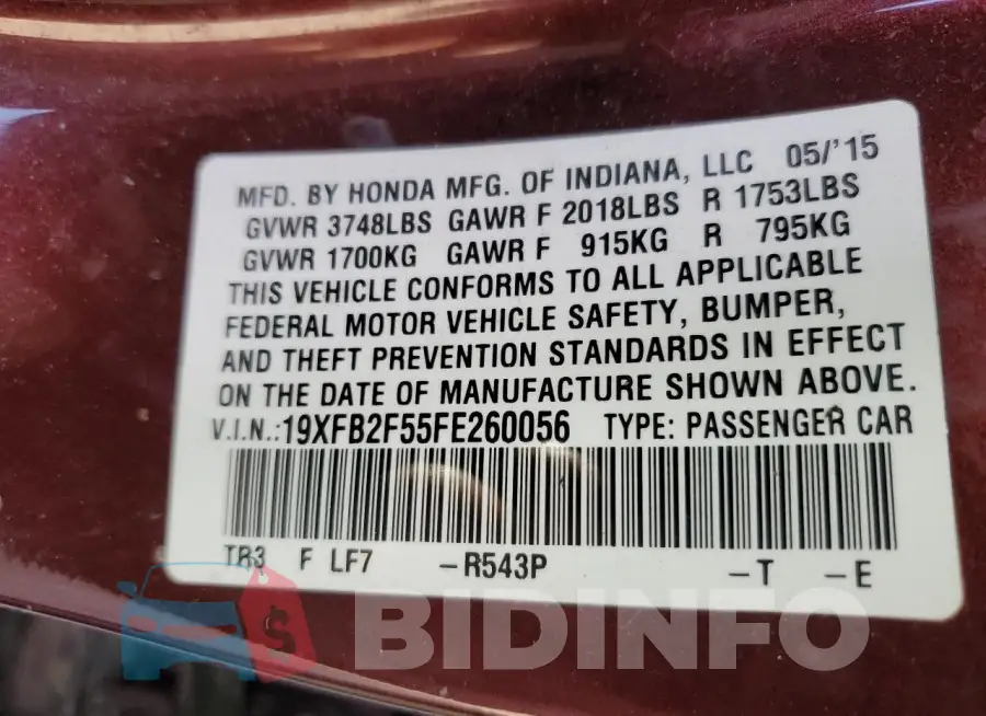 19XFB2F55FE260056 Photo# 13