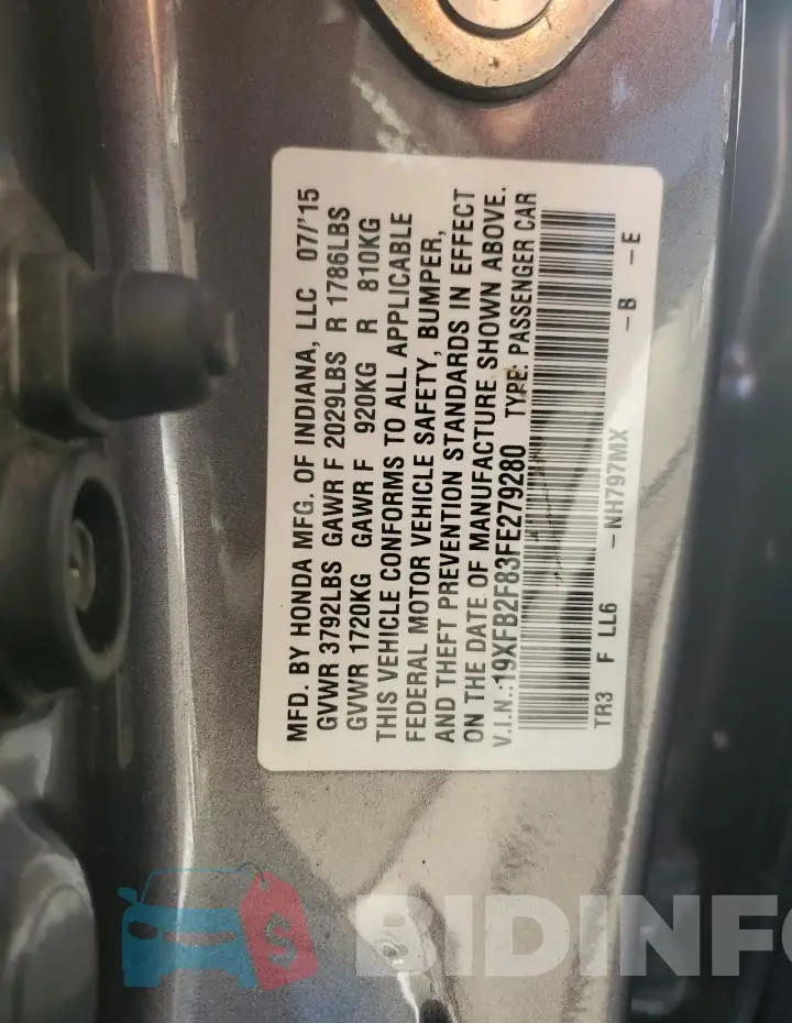 19XFB2F83FE279280 Photo# 12