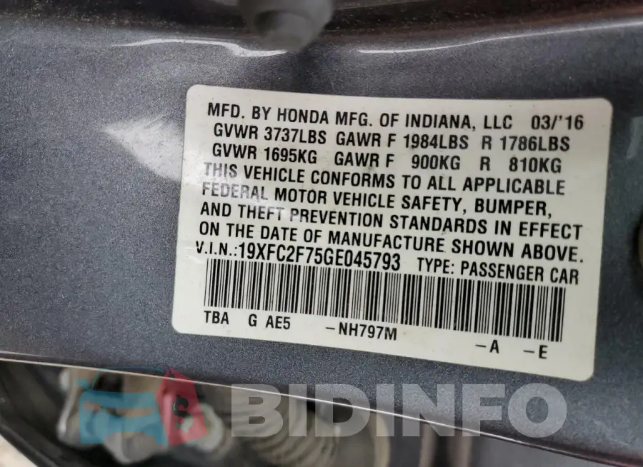 19XFC2F75GE045793 Photo# 12