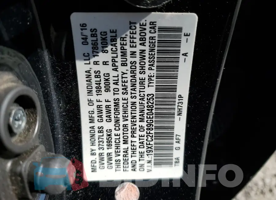 19XFC2F89GE048253 Photo# 12