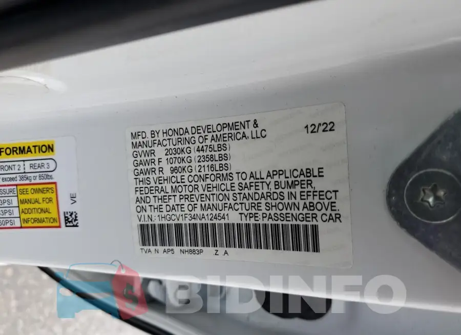 1HGCV1F34NA124541 Photo# 12