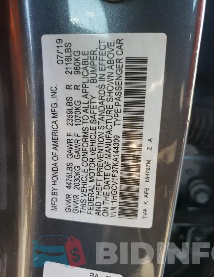 1HGCV1F37KA144309 Photo# 13