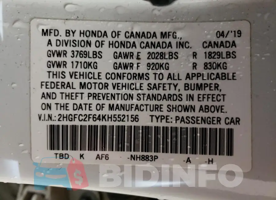 2HGFC2F64KH552156 Photo# 12