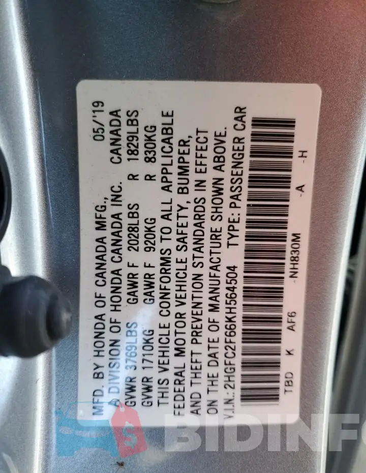 2HGFC2F66KH564504 Photo# 12