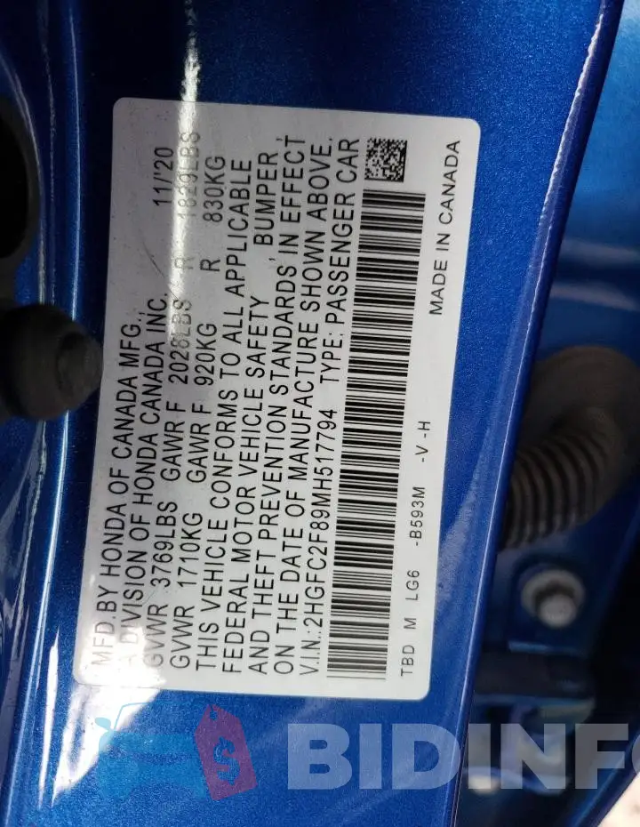 2HGFC2F89MH517794 Photo# 12