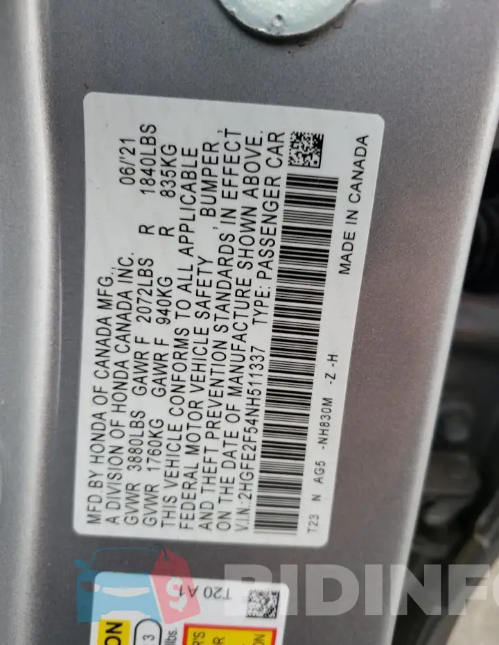 2HGFE2F54NH511337 Photo# 12