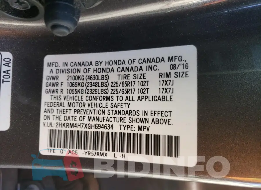 2HKRM4H7XGH694634 Photo# 13