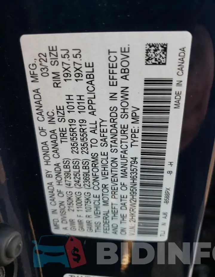 2HKRW2H95NH635794 Photo# 14
