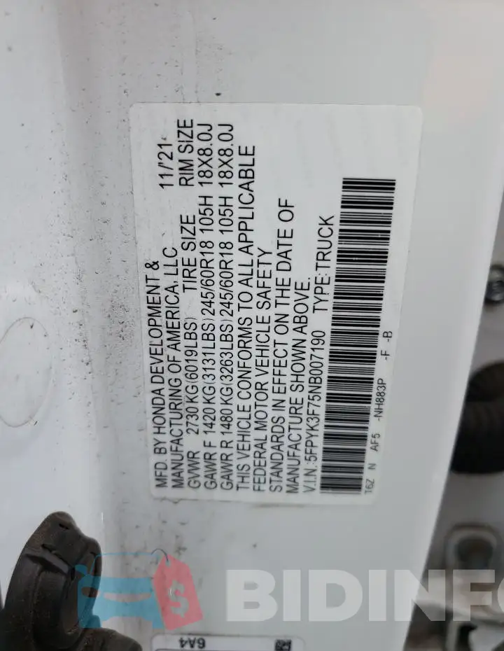 5FPYK3F75NB007190 Photo# 13