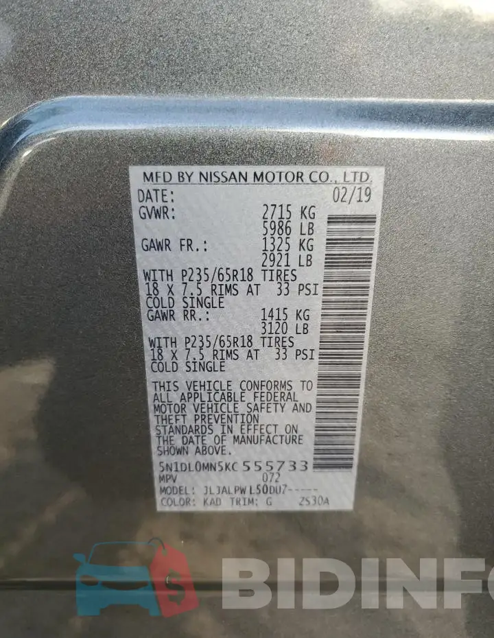 5N1DL0MN5KC555733 Photo# 13
