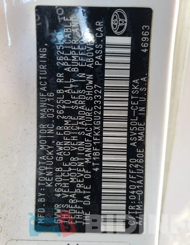 4T1BF1FKXGU223327 Photo# 12