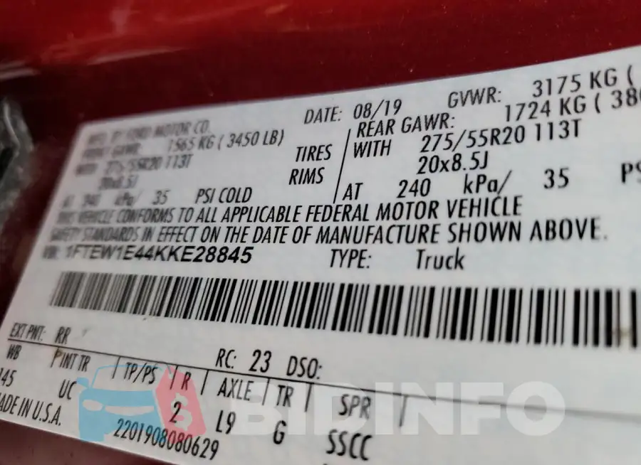 1FTEW1E44KKE28845 Photo# 12