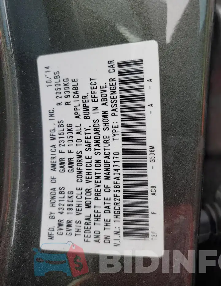 1HGCR2F58FA047170 Photo# 12