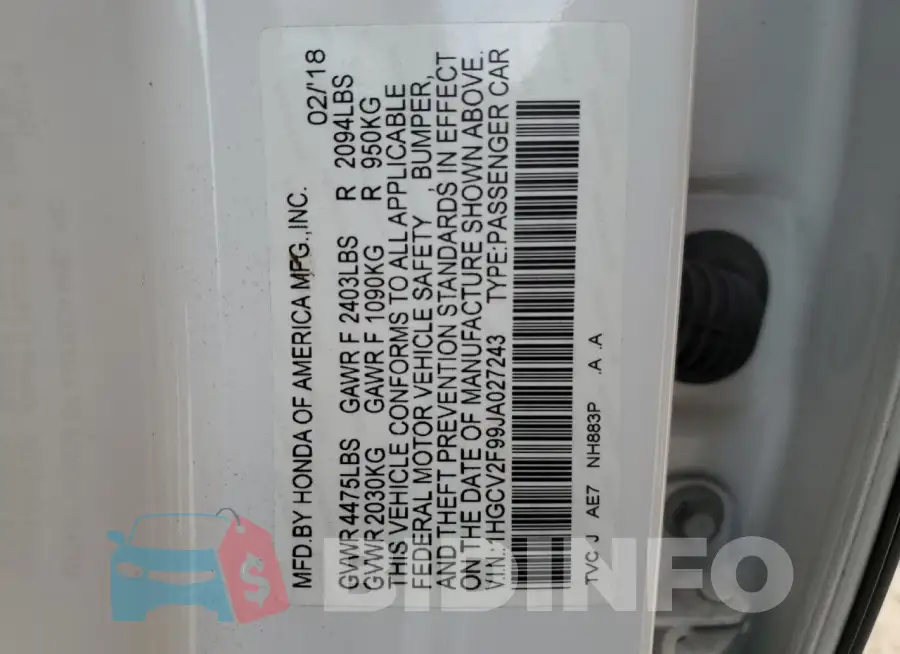 1HGCV2F99JA027243 Photo# 12
