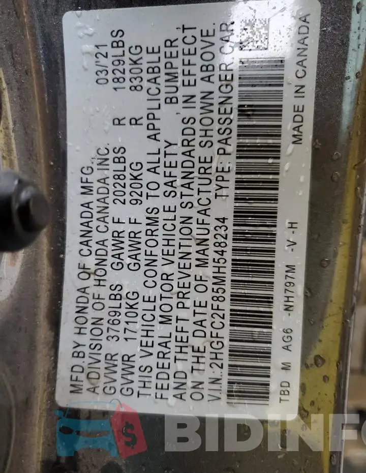 2HGFC2F85MH548234 Photo# 13