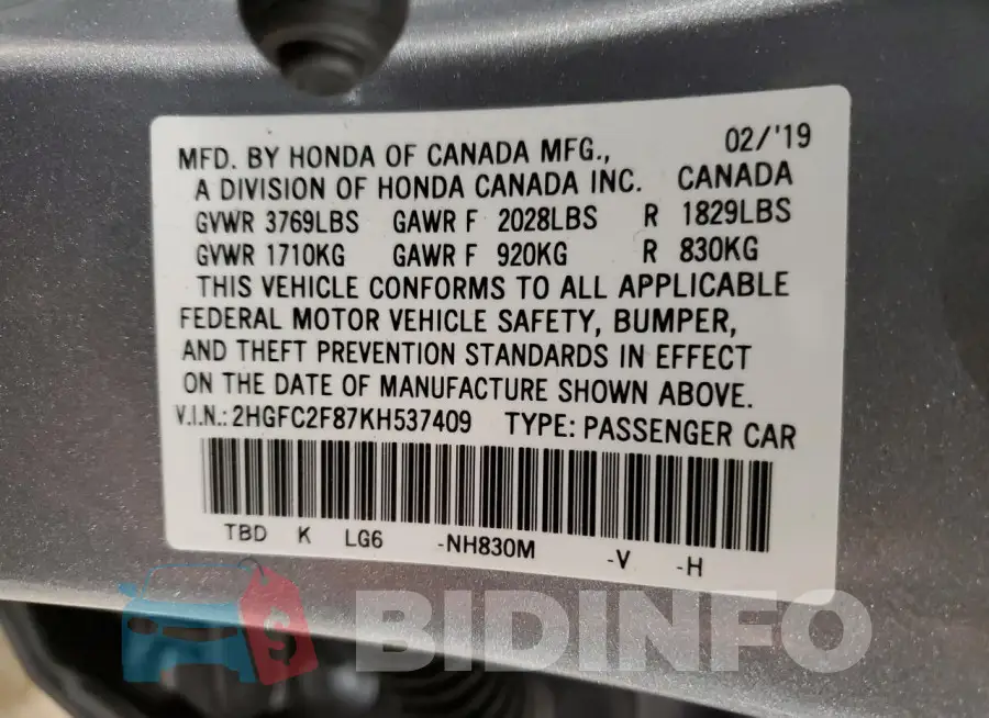 2HGFC2F87KH537409 Photo# 12