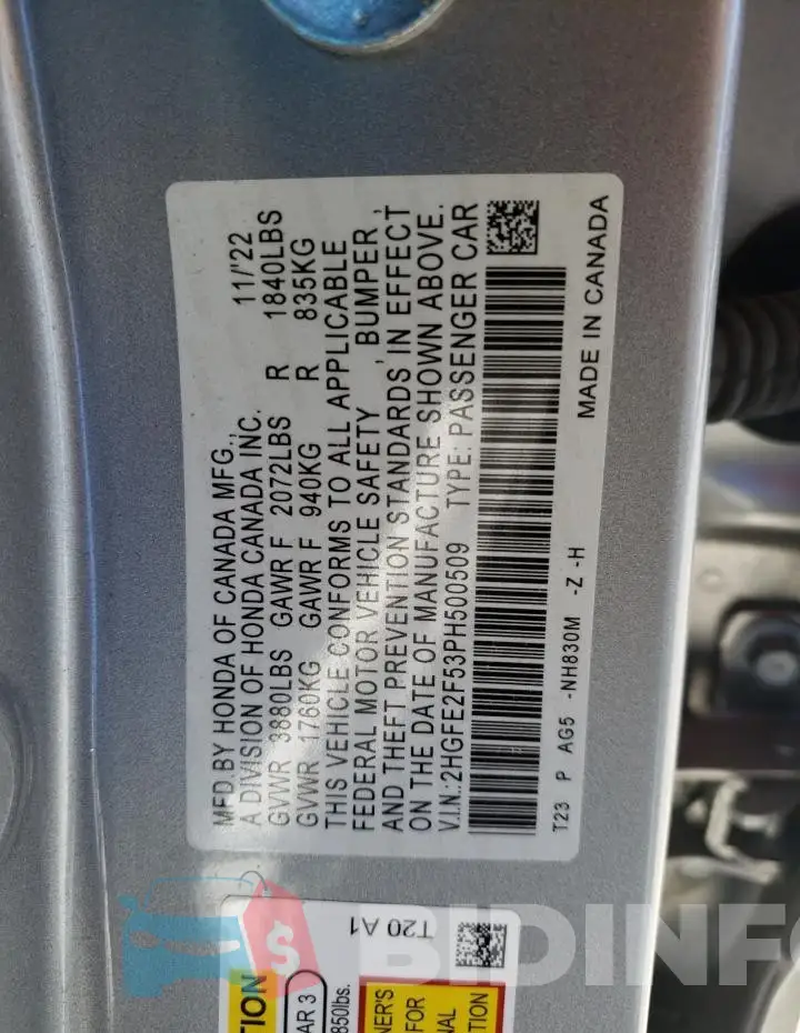 2HGFE2F53PH500509 Photo# 12