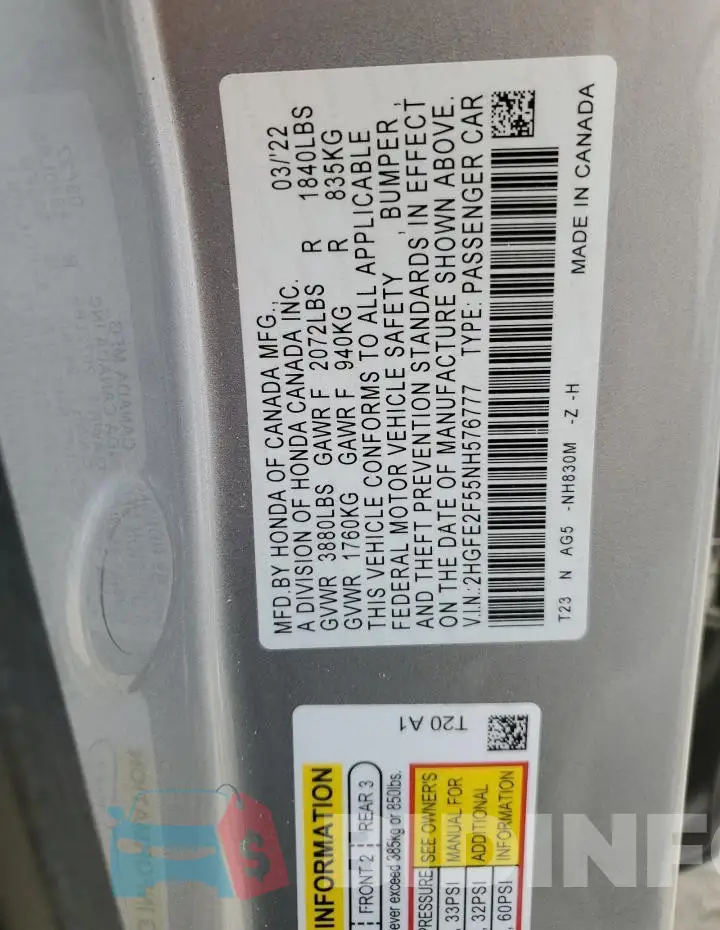 2HGFE2F55NH576777 Photo# 12