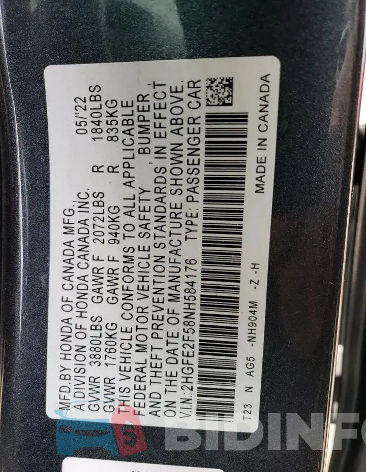 2HGFE2F58NH584176 Photo# 12