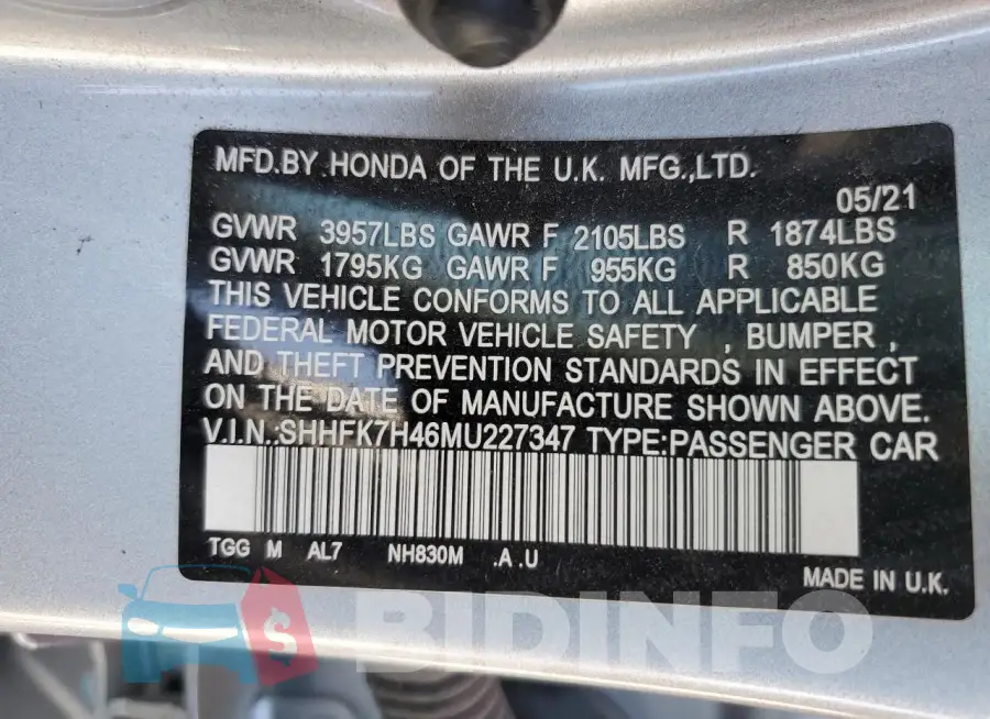 SHHFK7H46MU227347 Photo# 13