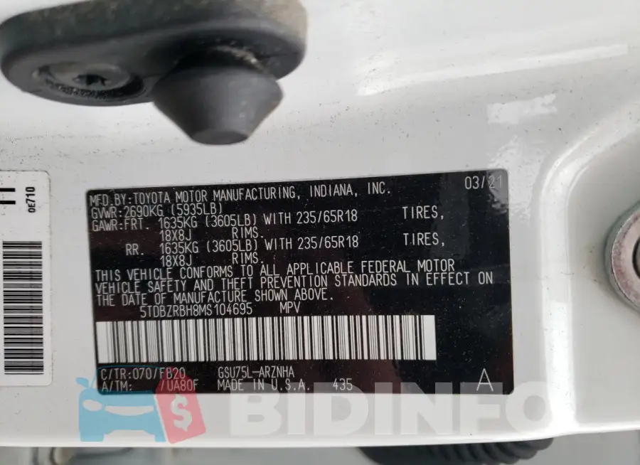 5TDBZRBH8MS104695 Photo# 14