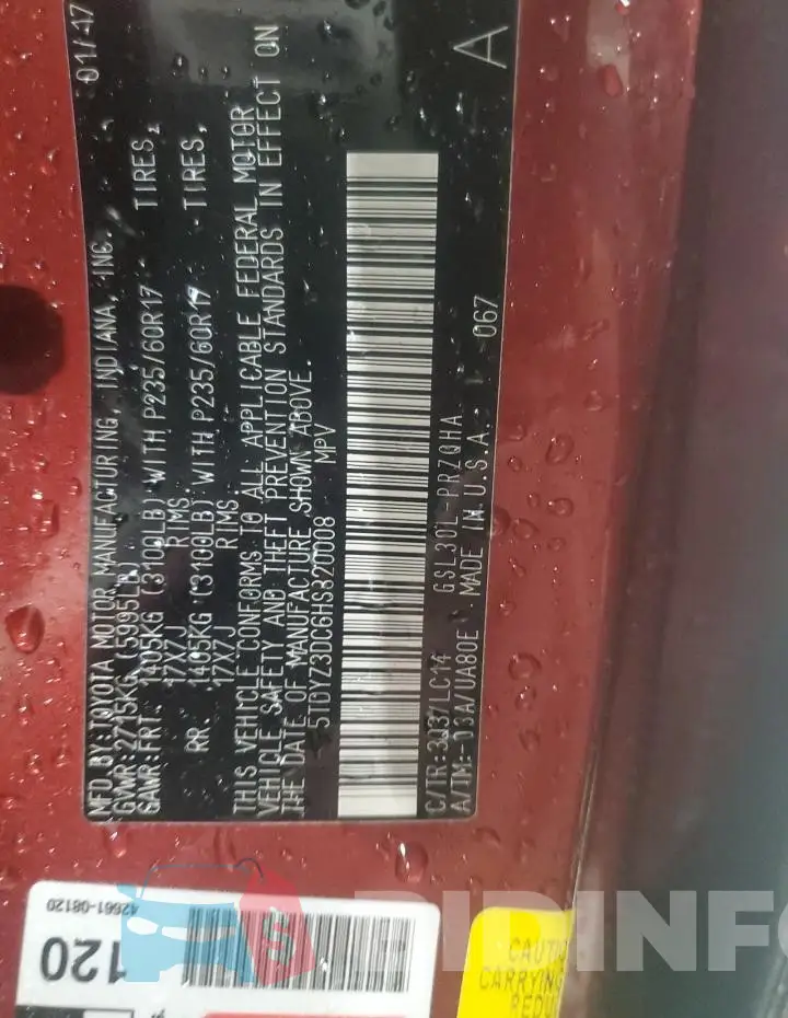 5TDYZ3DC6HS820008 Photo# 14