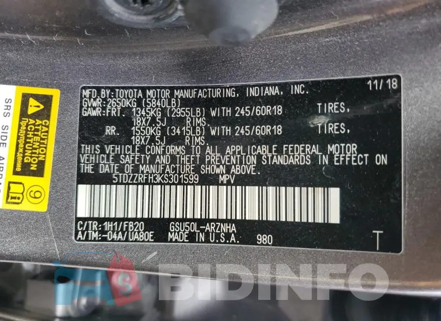 5TDZZRFH3KS301599 Photo# 12
