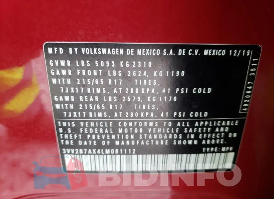 3VV2B7AX4LM081112 Photo# 14