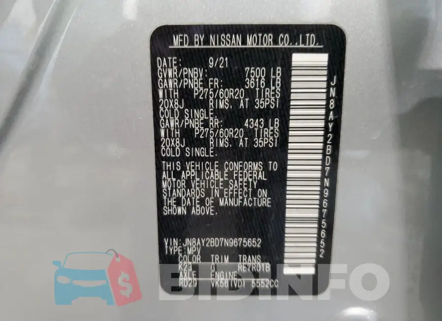 JN8AY2BD7N9675652 Photo# 13