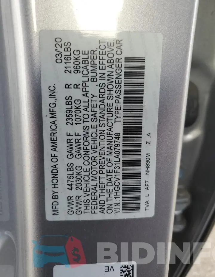 1HGCV1F31LA079748 Photo# 12