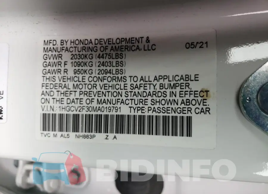 1HGCV2F30MA019791 Photo# 12