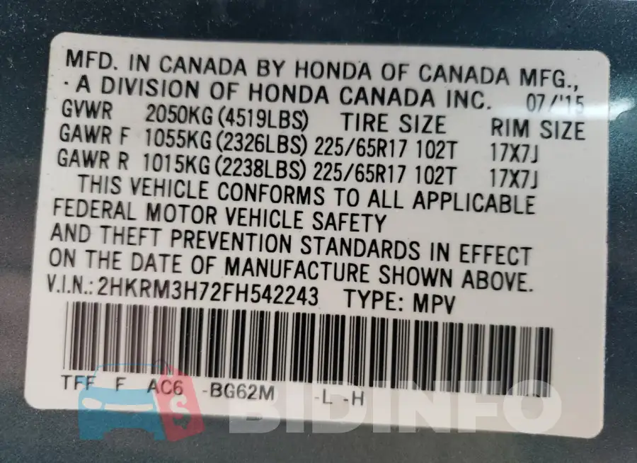 2HKRM3H72FH542243 Photo# 14