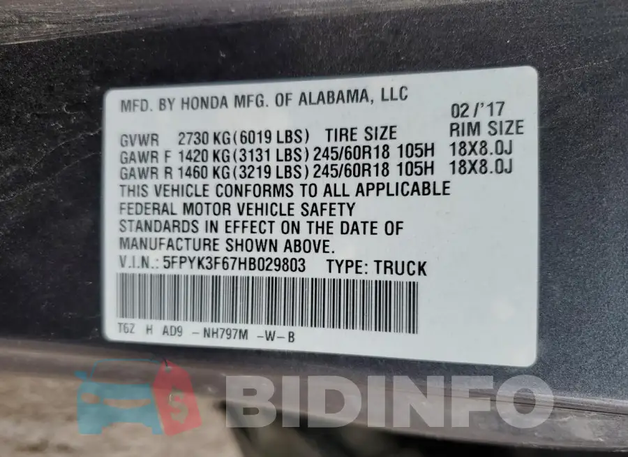 5FPYK3F67HB029803 Photo# 12