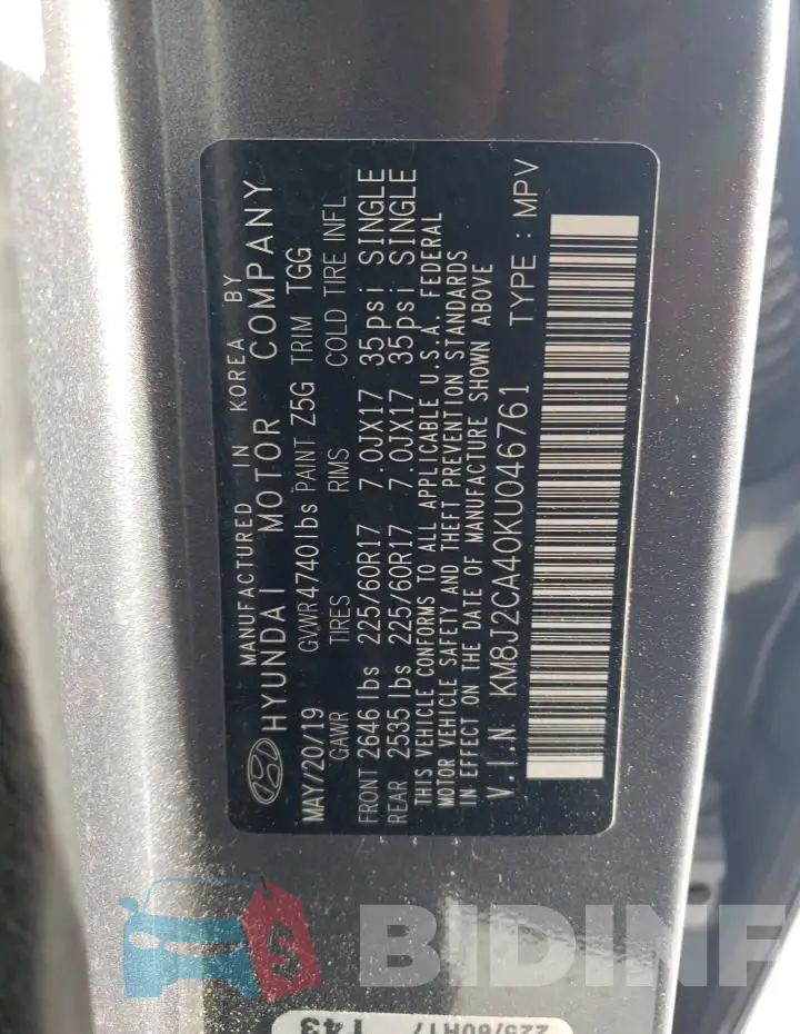 KM8J2CA40KU046761 Photo# 13