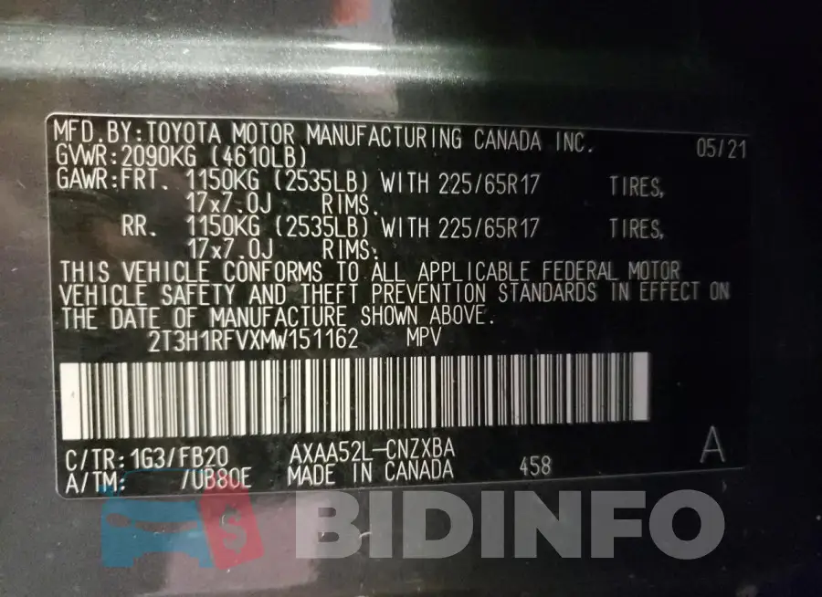 2T3H1RFVXMW151162 Photo# 13