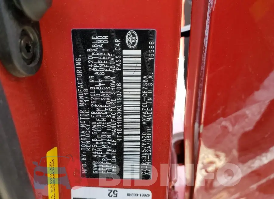 4T1B11HKXKU190706 Photo# 12