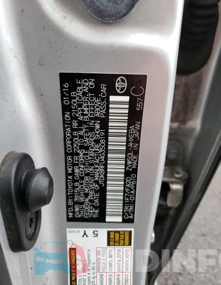 JTDKBRFU4G3508191 Photo# 12