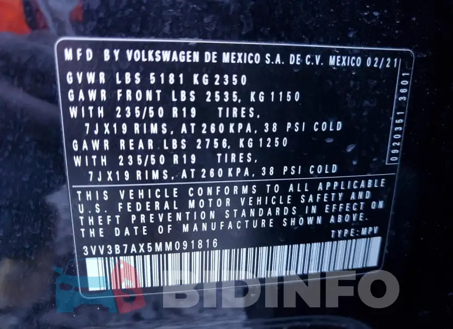 3VV3B7AX5MM091816 Photo# 13