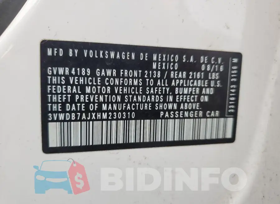 3VWDB7AJXHM230310 Photo# 12