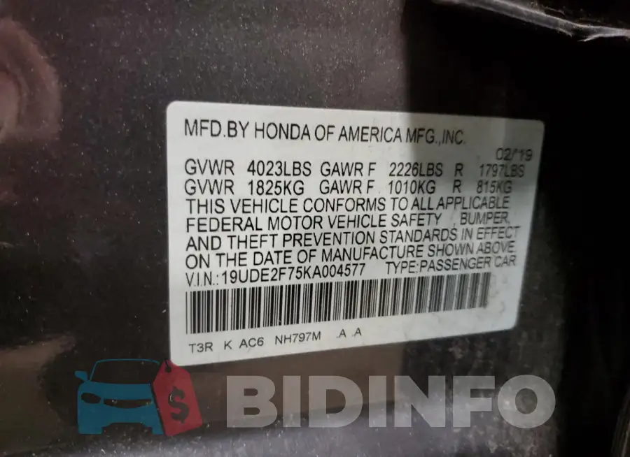 19UDE2F75KA004577 Photo# 12