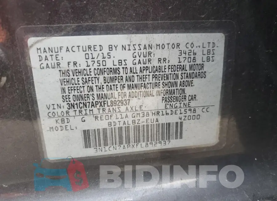 3N1CN7APXFL892937 Photo# 13