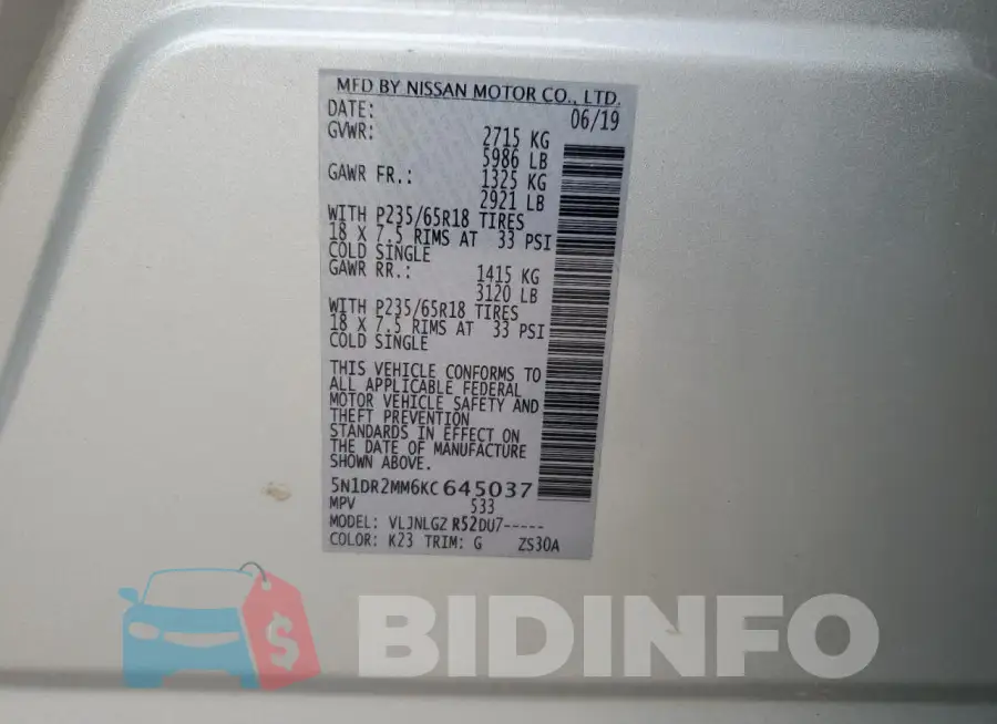 5N1DR2MM6KC645037 Photo# 14