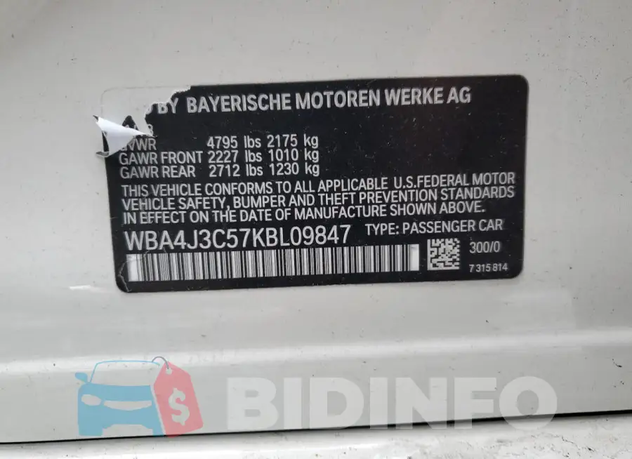 WBA4J3C57KBL09847 Photo# 12