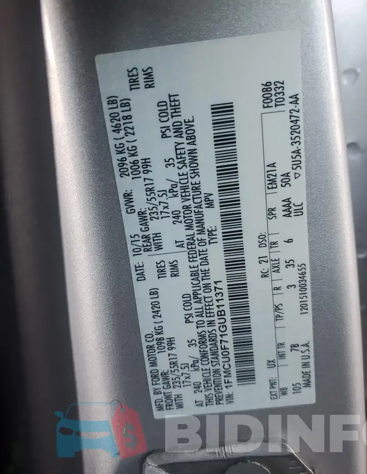 1FMCU0F71GUB11371 Photo# 12