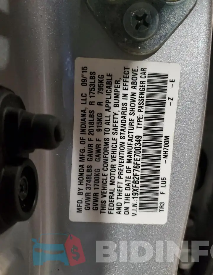 19XFB2F76FE700349 Photo# 12