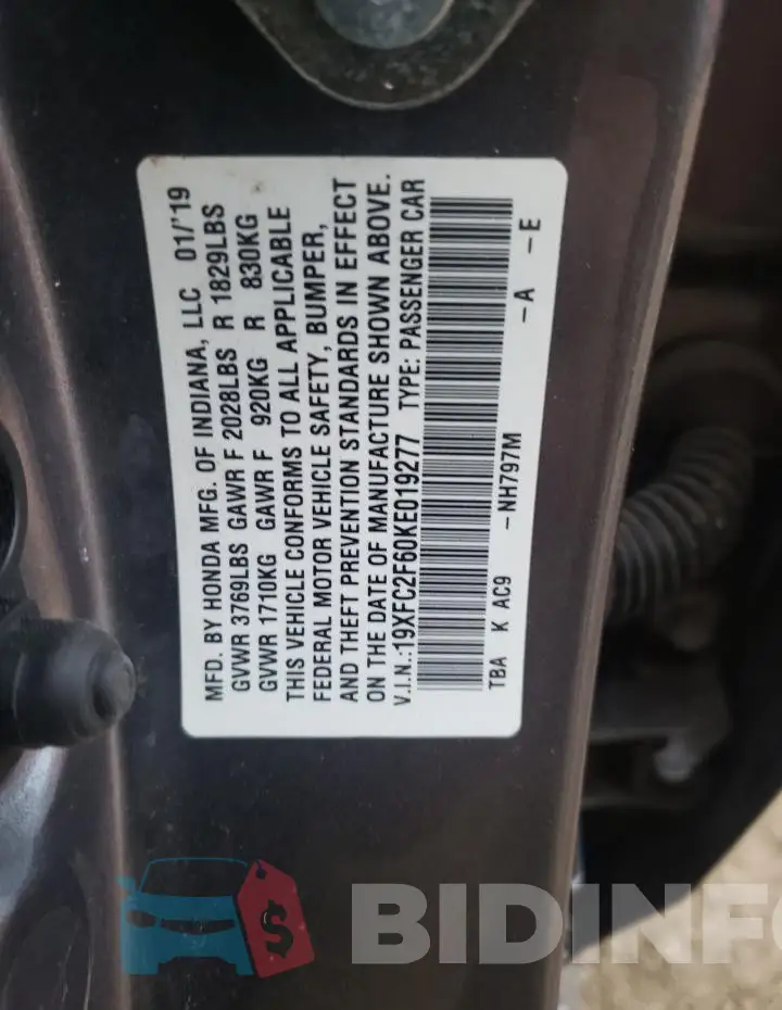 19XFC2F60KE019277 Photo# 13