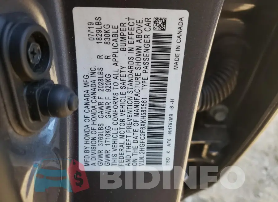 2HGFC2F6XKH580561 Photo# 12
